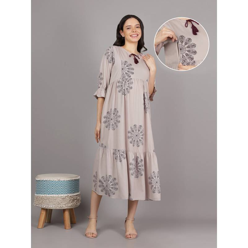 Mamma's Maternity Cream Tie Up Neck Rayon Floral Medallion Printed Maternity Short Dress (M)
