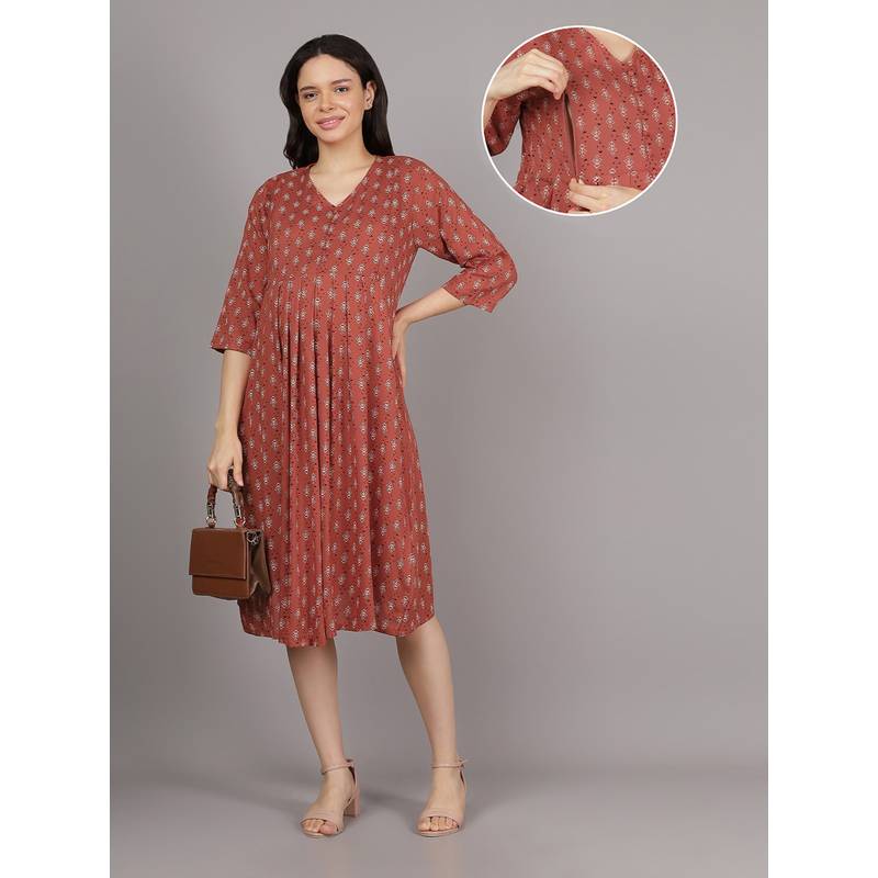 Mamma's Maternity Dark Orange V Neck Cotton Printed Maternity Short Dress (M)