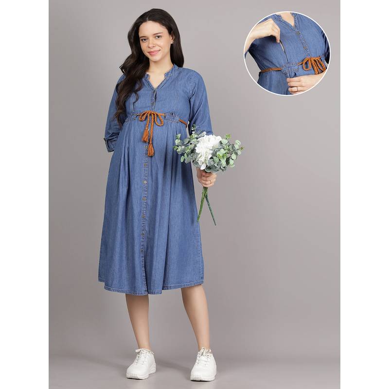 Mamma's Maternity Light Blue V Neck Denim Solid Maternity Short Dress (3XL)