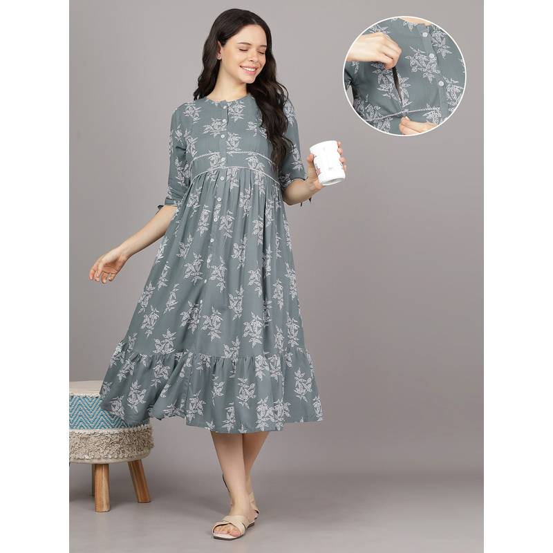 Mamma's Maternity Light Grey Round Neck Rayon Botanical Vine Print Maternity Short Dress (M)