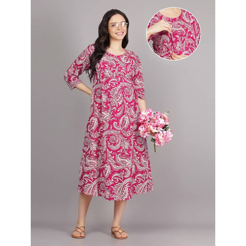 Mamma's Maternity Pink Round Neck Cotton Paisley Printed Maternity Short Dress (M)