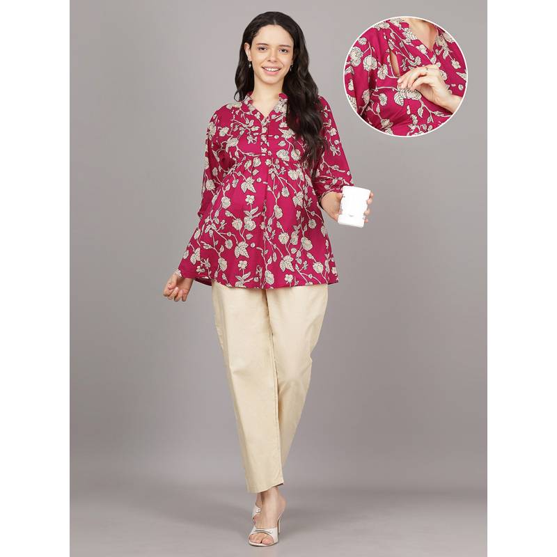 Mamma's Maternity Dark Pink V Neck Cotton Floral Vine Print Maternity Co Ord Set (M)