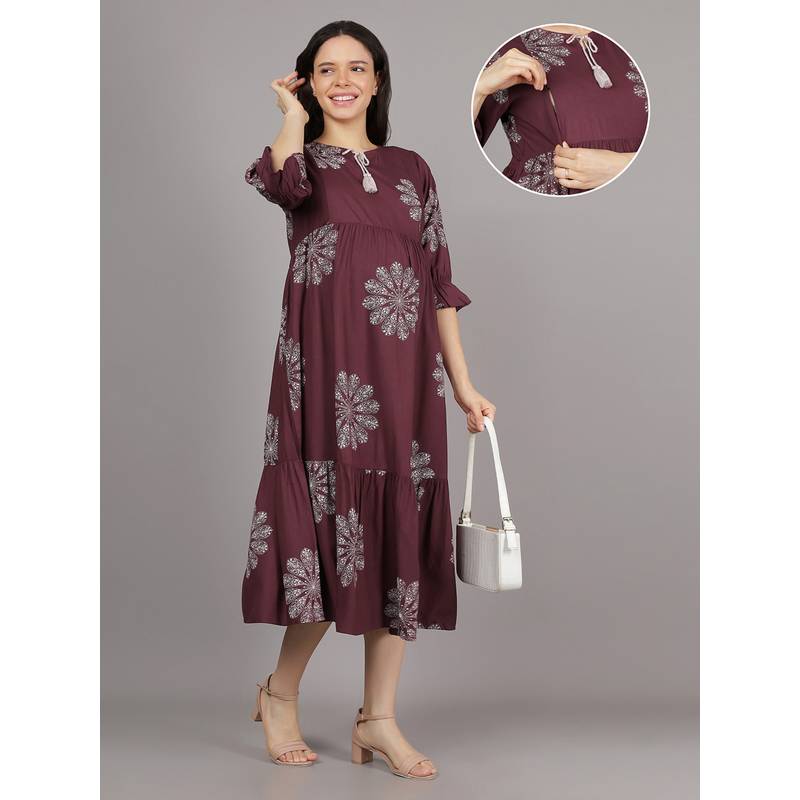 Mamma's Maternity Maroon Tie Up Neck Rayon Floral Medallion Printed Maternity Short Dress (2XL)