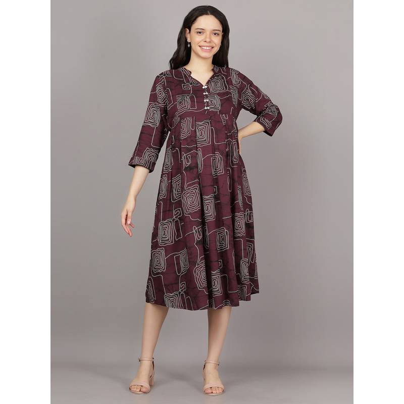 Mamma's Maternity Maroon V Neck Rayon Geometric Printed Maternity Short Dress (M)