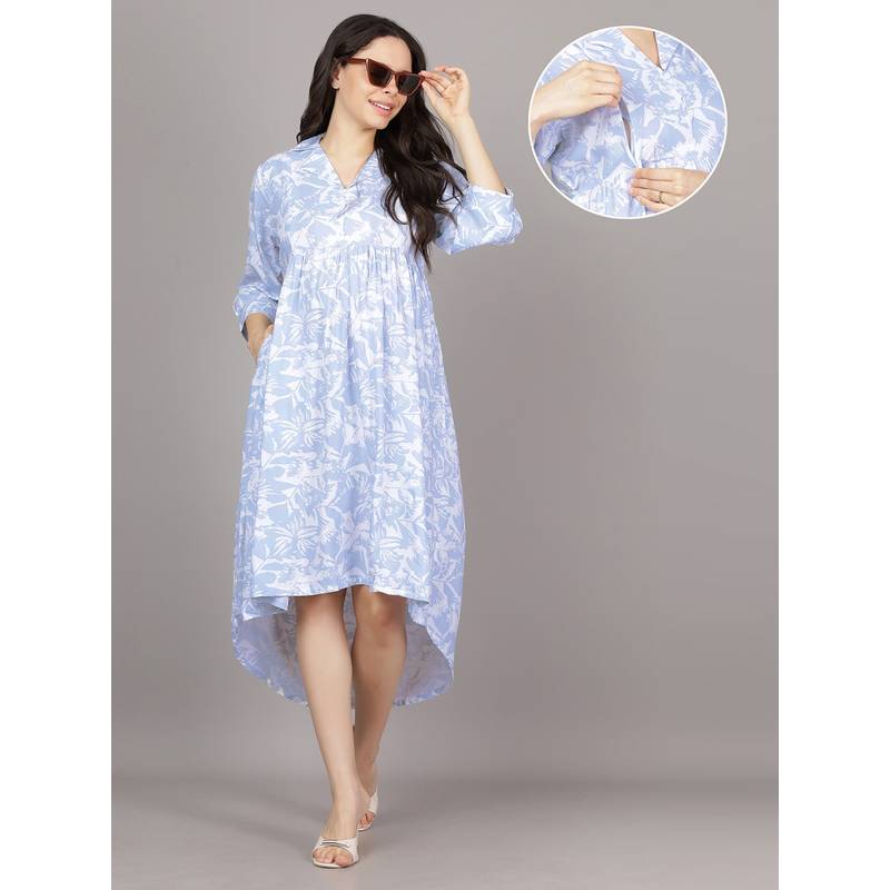 Mamma's Maternity Sky Blue Rayon Tropical Botanical Printed Maternity Short Dress (M)