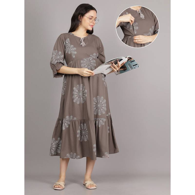 Mamma's Maternity Taupe Brown Tie Up Neck Rayon Floral Medallion Printed Maternity Short Dress (L)