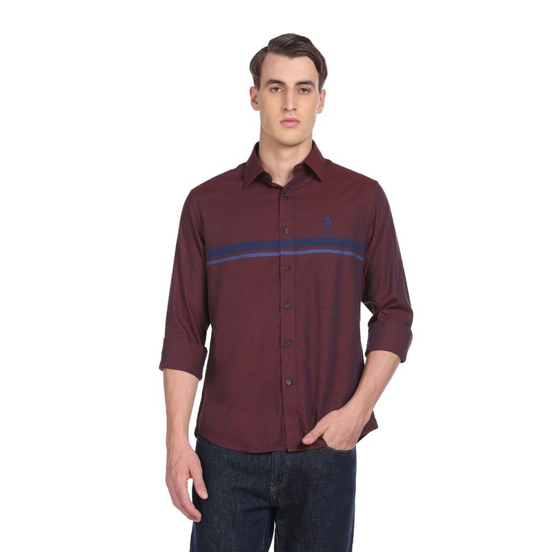 U.S. POLO ASSN. Men Maroon Spread Collar Cotton Striped Casual Shirt (L)