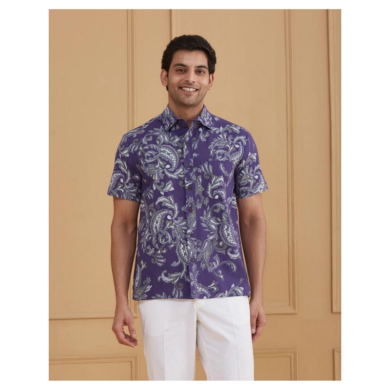 Fabindia Purple Paisley Printed Cotton Bush Shirt (M)