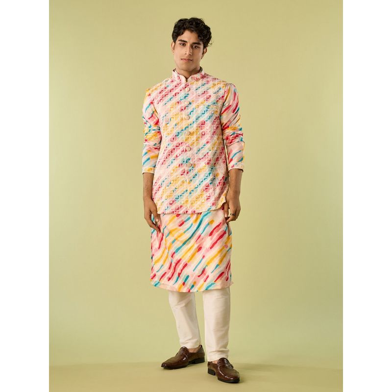 Diwas by Manyavar Multi-Colour Cotton Blend Kurta with Jacket and Pyjama (M)