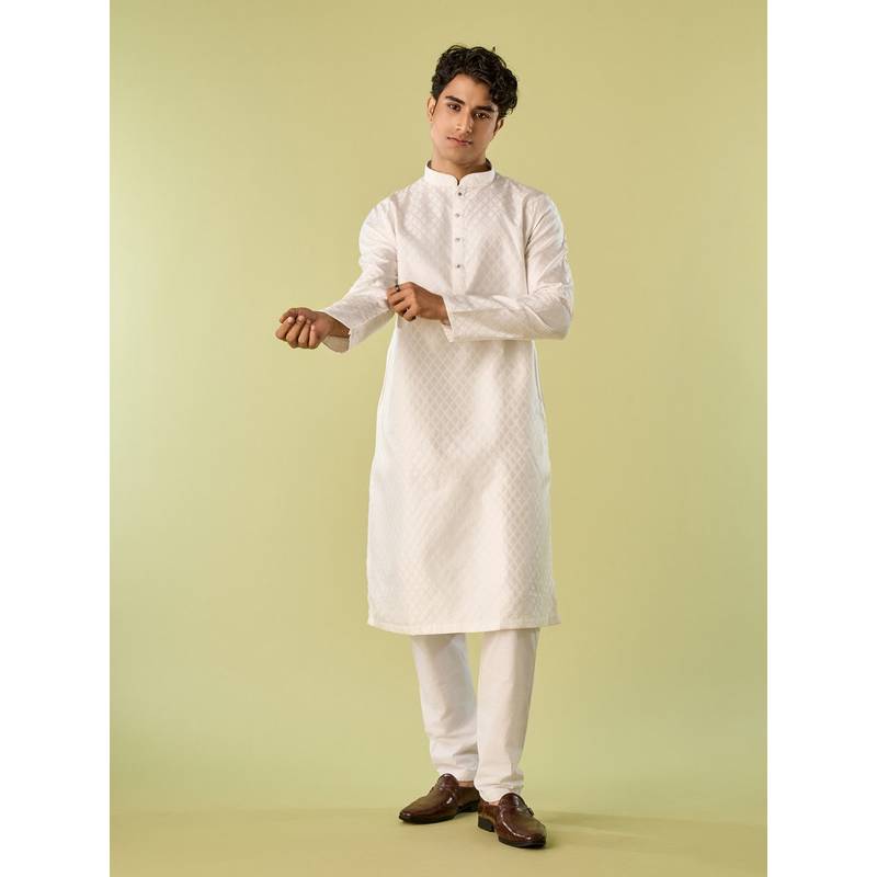 Diwas by Manyavar White Art Silk Woven Kurta with Pyjama (S)