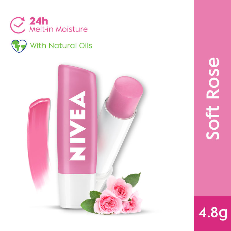 NIVEA Lip Balm, Soft Rose, for 24h Moisture with Natural Oils, Delicate Rose Shine