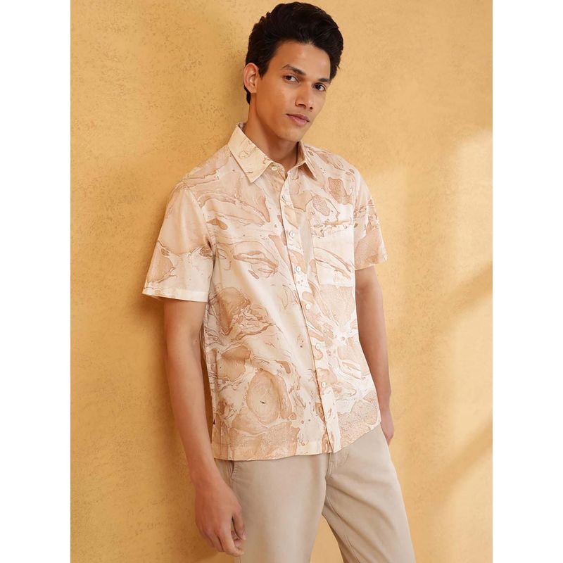 Fabindia Beige Printed Straight Fit Shirt (XS)