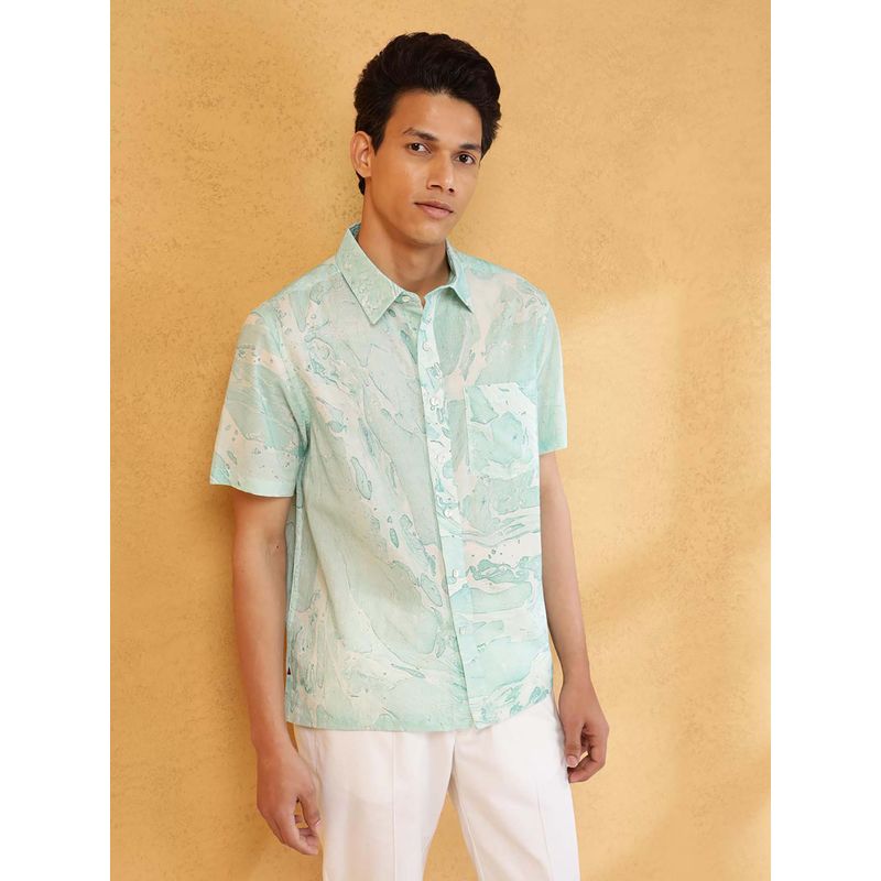 Fabindia Green Printed Straight Fit Shirt (XS)