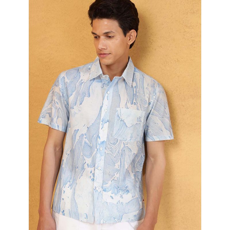 Fabindia Blue Printed Straight Fit Shirt (XS)