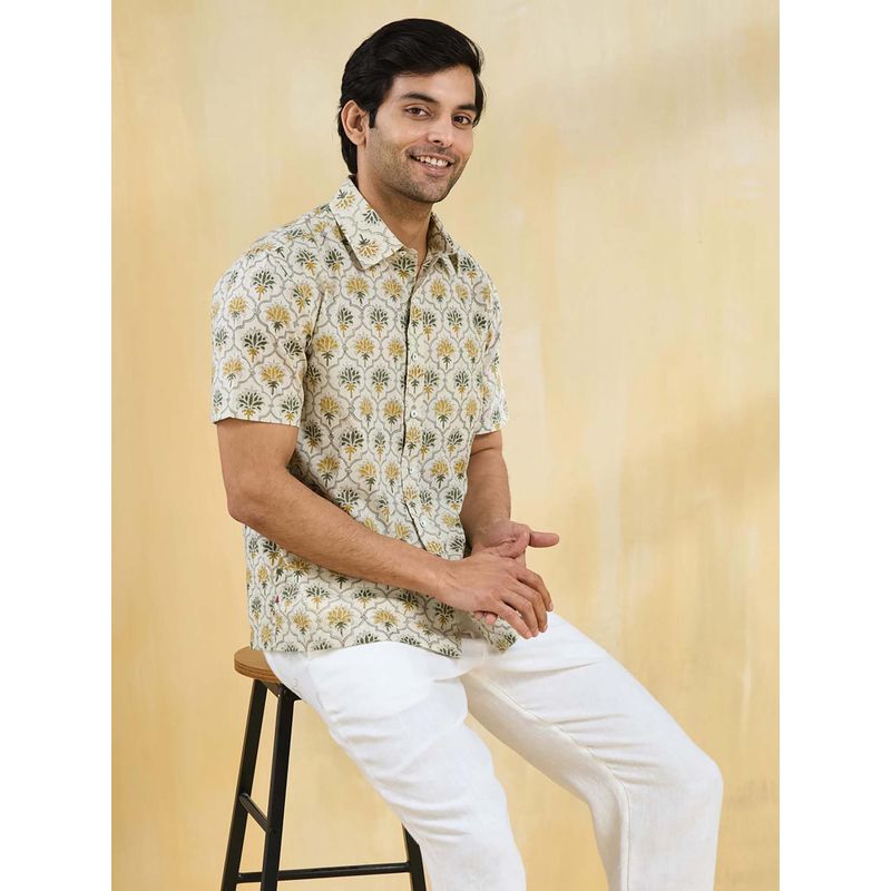 Fabindia Beige Printed Straight Fit Shirt (XL)