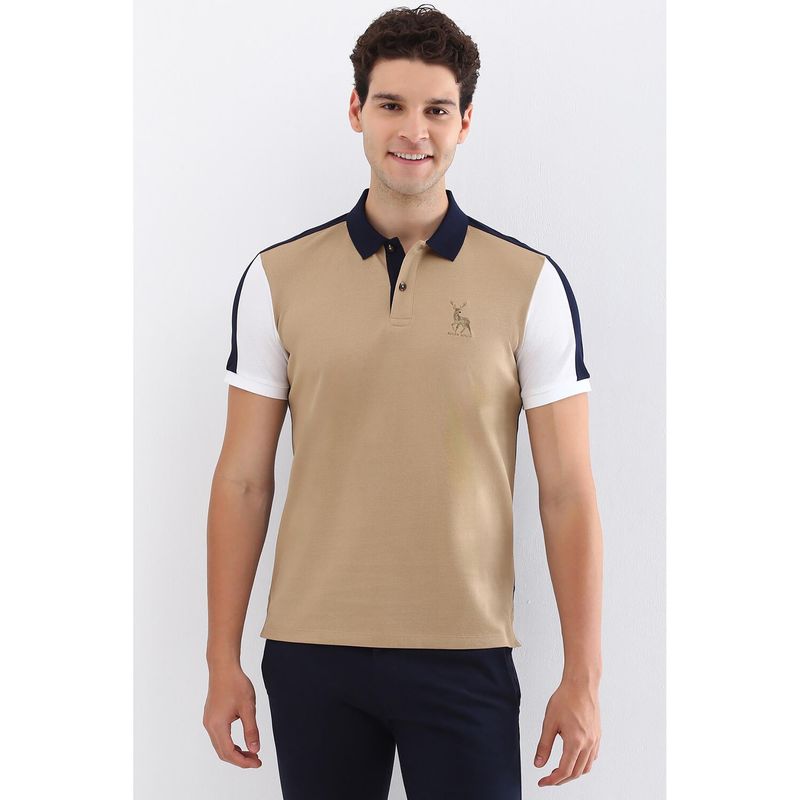 Allen Solly Men Beige Colorblock Polo T-Shirt (L)