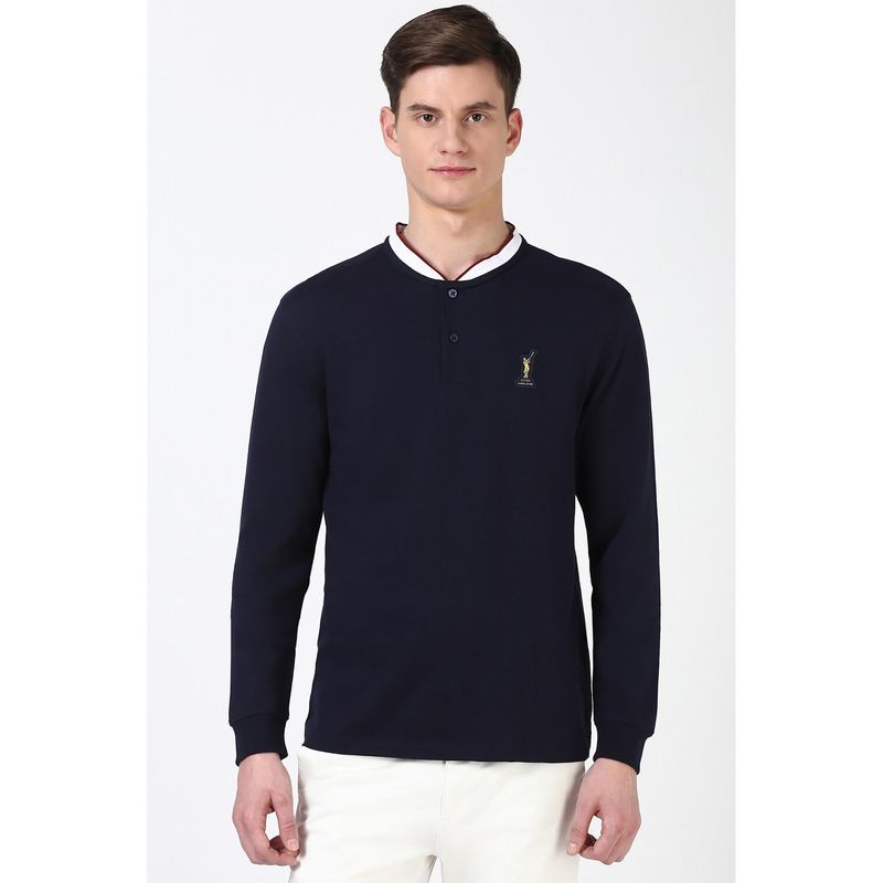 Peter England Men Navy Blue Solid Henley Neck T-Shirts (XL)