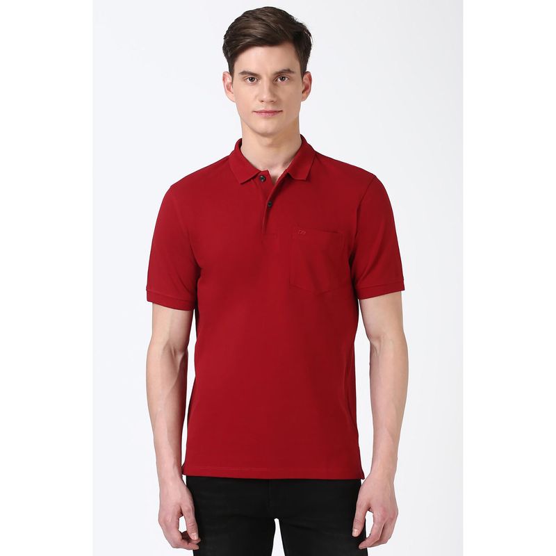 Peter England Men Red Solid Polo Neck Polo T-Shirts (L)