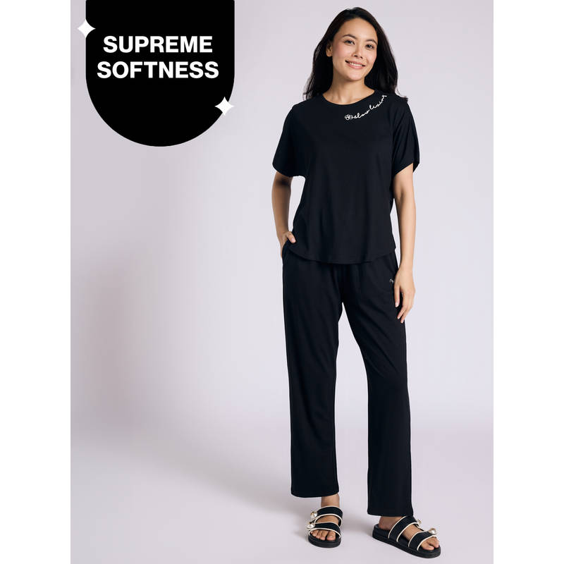 Buttery Soft Modal Cotton Pyjama Coord Set of 2 With Round Neck Graphic Tee Nys932 Black Slow (XL)