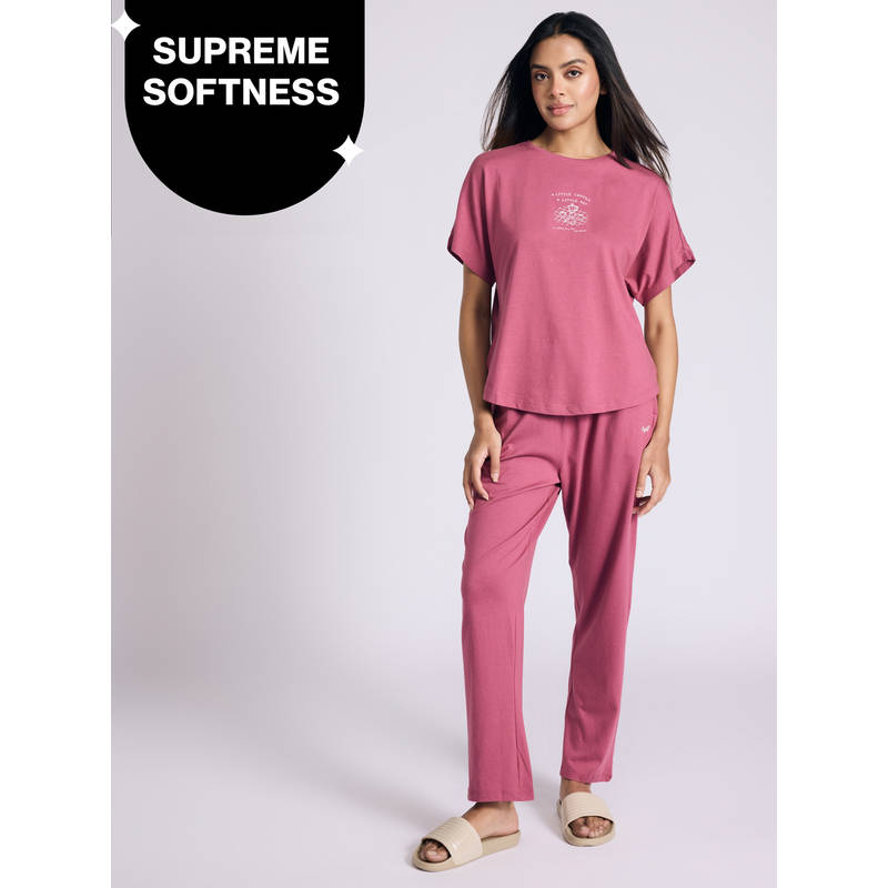 Buttery Soft Modal Cotton Pyjama Coord Set of 2 With Round Neck Graphic Tee Nys932 Grape Coffee (L)