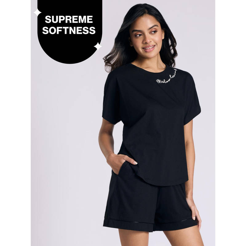 Buttery Soft Modal Cotton Shorts Coord Set With Round Neck Graphic Tee Nys940 Black Slow (M)