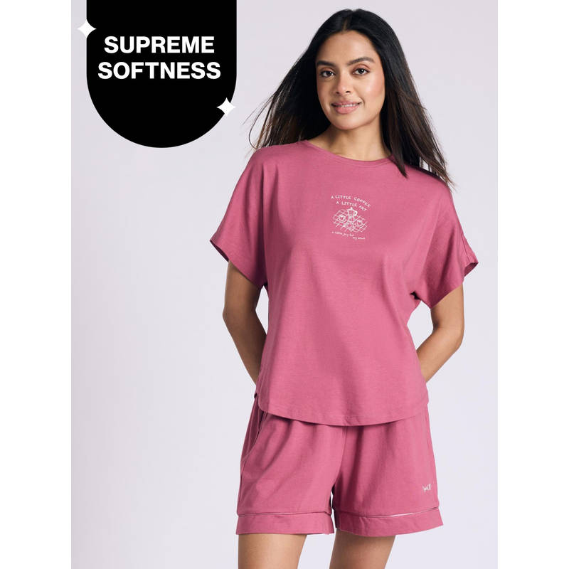 Buttery Soft Modal Cotton Shorts Coord Set With Round Neck Graphic Tee Nys940 Grape Coffee (2XL)