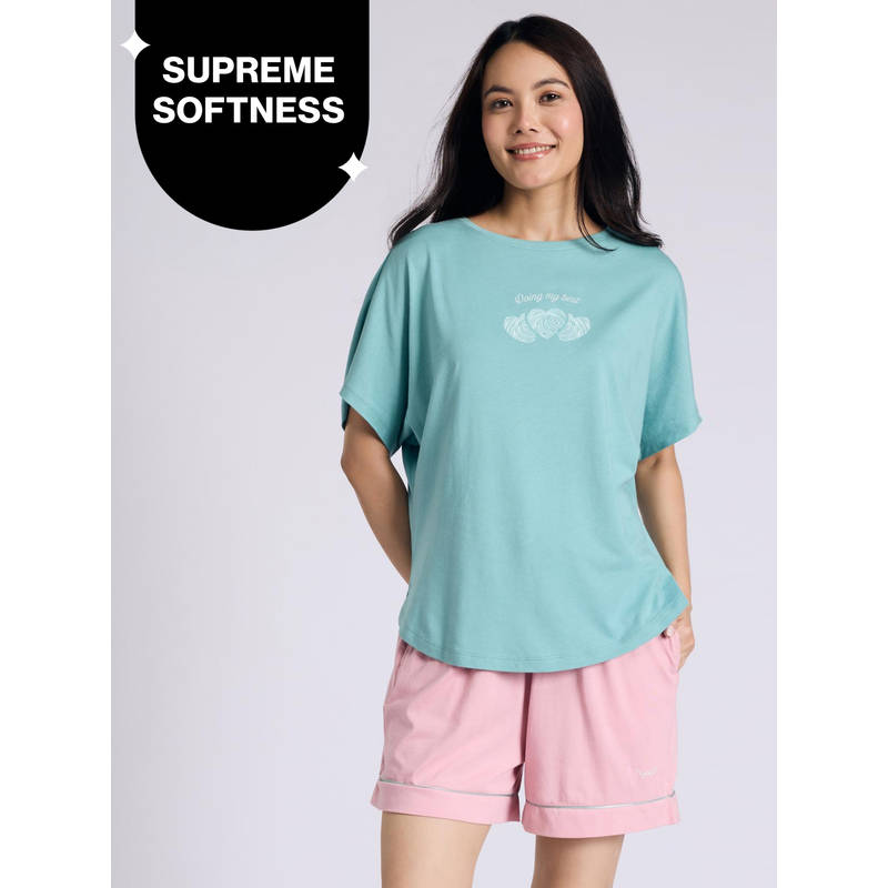 Buttery Soft Modal Cotton Shorts Coord Set With Round Neck Graphic Tee Nys940 Green Heart (M)
