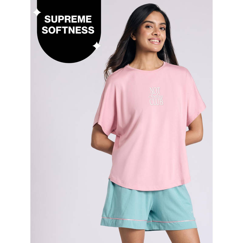 Buttery Soft Modal Cotton Shorts Coord Set With Round Neck Graphic Tee Nys940 Pink Club (XL)