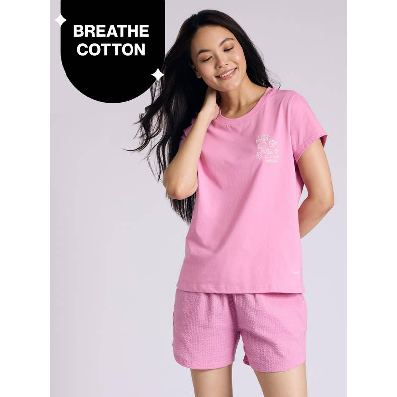 Essential Cotton Shorts Coord Set With Crew Neck Cotton Knit Tee Nys942 Pink Seer (M)