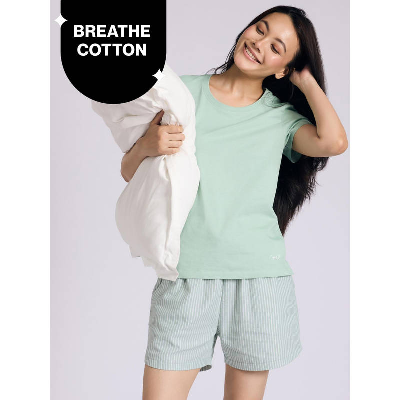 Essential Cotton Shorts Coord Set With Crew Neck Cotton Knit Tee Nys942 Green Stripe (L)