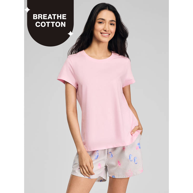 Nykd by Nykaa Essential Cotton Shorts Co-ord Set With Crew Neck Cotton Knit Tee, Pink - NYS942