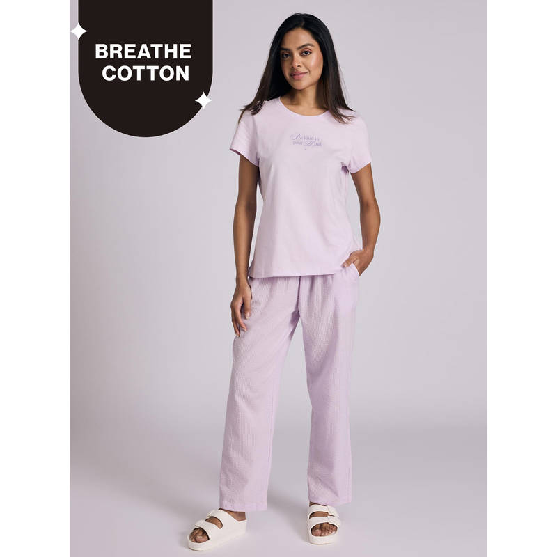 Essential Cotton Pyjama Coord Set With Crew Neck Cotton Knit Tee Nys943 Lavender Seer (XL)