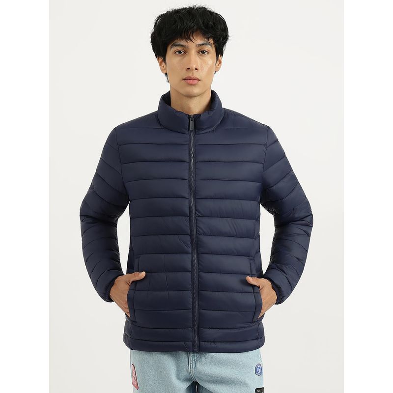 United Colors of Benetton Navy Blue Regular Fit High Neck Solid Puffer Jacket (L)