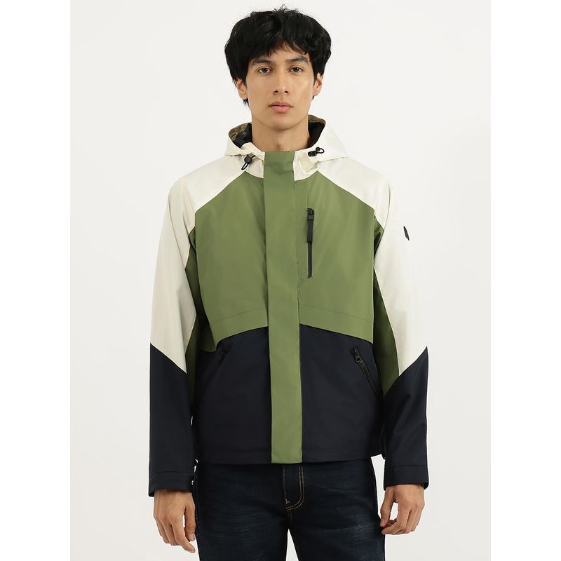 United Colors of Benetton Green Regular Fit Hooded Neck Colour-Blocked Jacket (S)
