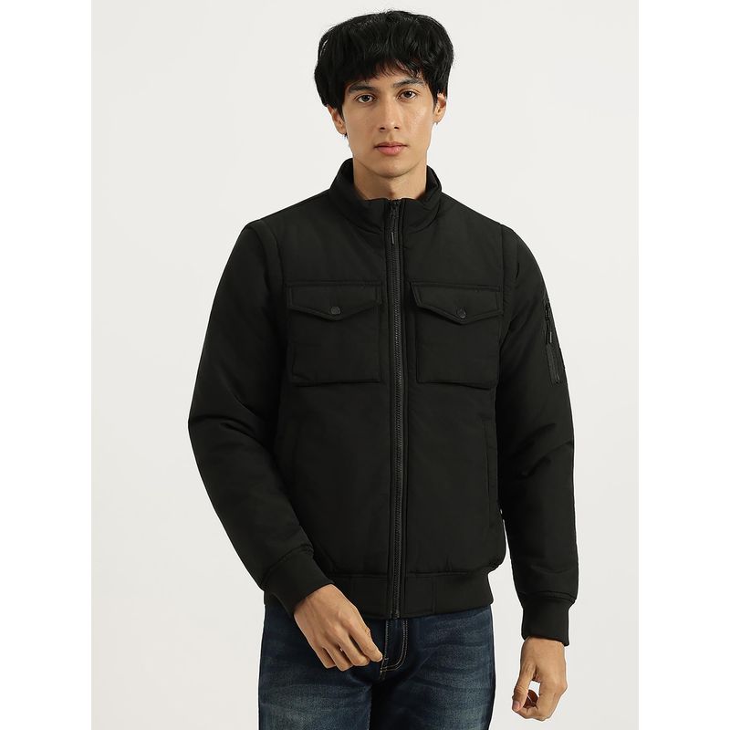 United Colors of Benetton Black Regular Fit High Neck Solid Utility Wadded Jacket (M)