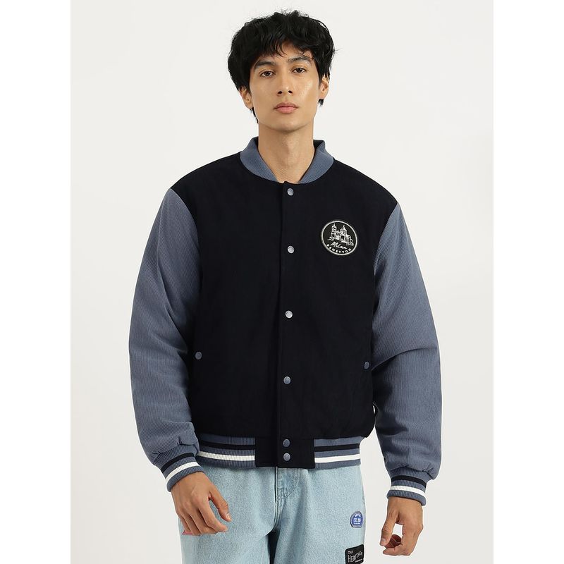 United Colors of Benetton Navy Blue Regular Fit Stand Collar Colour-Blocked Varsity Jacket (M)