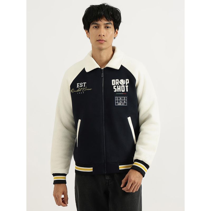 United Colors of Benetton Navy Blue Regular Fit Spread Collar Varsity Jacket (L)