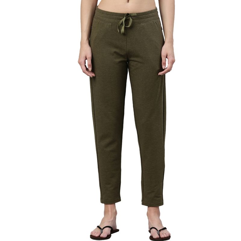 Enamor Womens E060-Slim Fit Mid Rise French Terry Cotton Lounge Pants-Army Green Melange (M)