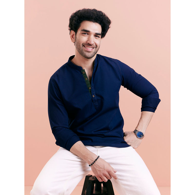 KISAH Men Blue Solid Denim Short Kurta (40)