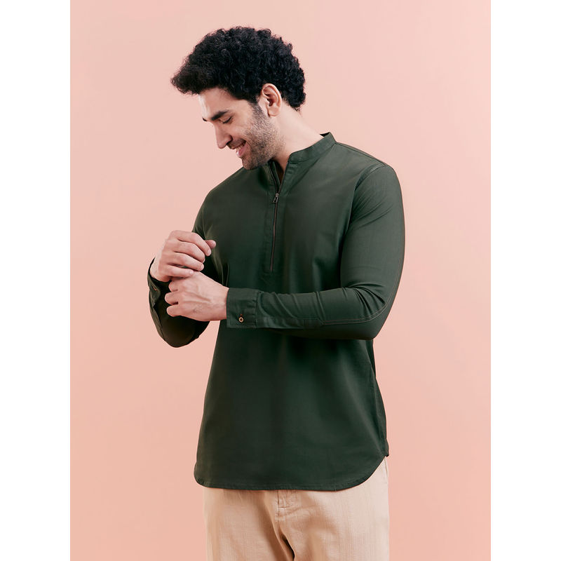 KISAH Men Olive Solid Denim Short Kurta (42)