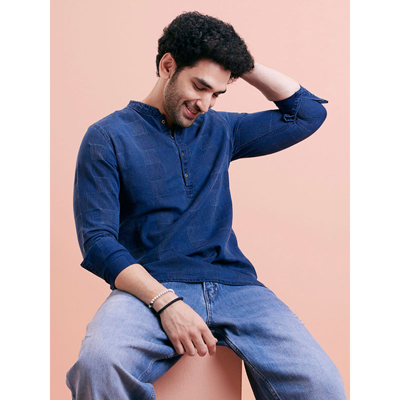 KISAH Men Blue Textured Denim Short Kurta (38)