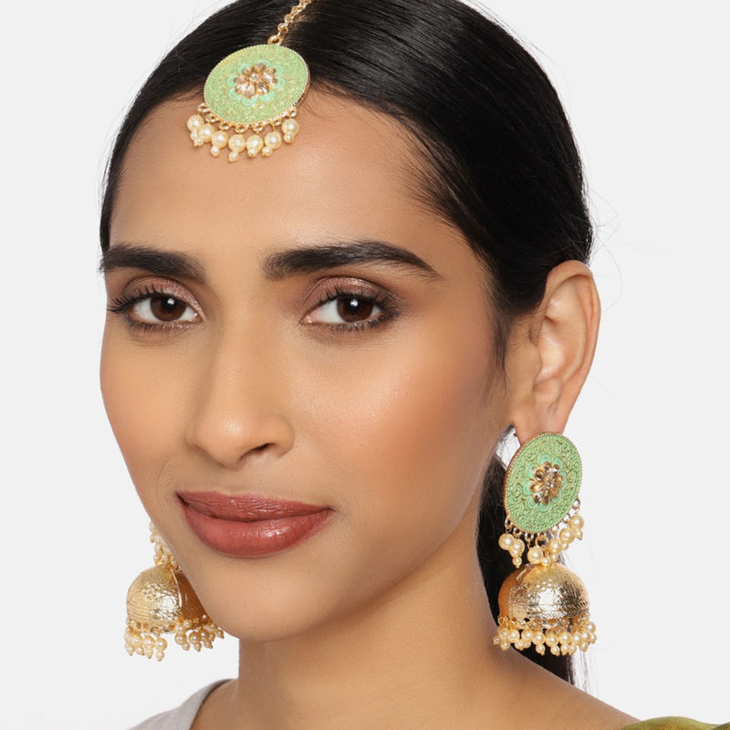 Zaveri Pearls Pastel Green Meenakari Ethnic Filigree Jhumki Earring