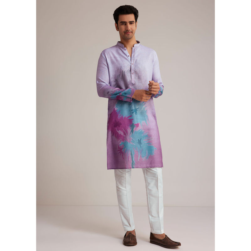 KALKI FASHION Purple Print Floral Linen Kurta with Pant (M)
