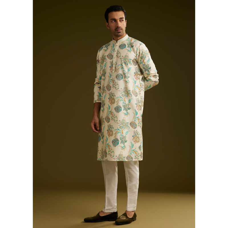 KALKI FASHION White Silk Surreal Nature Prints Kurta with Pant (XL)