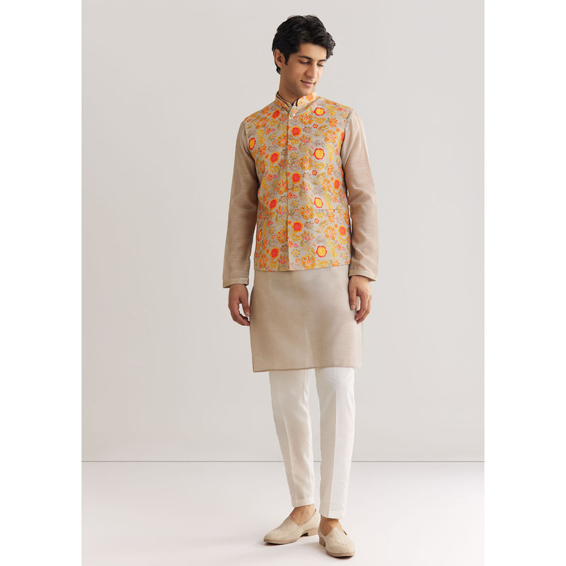 KALKI FASHION Grey Floral Printed Kurta Jacket with Pant (XL)