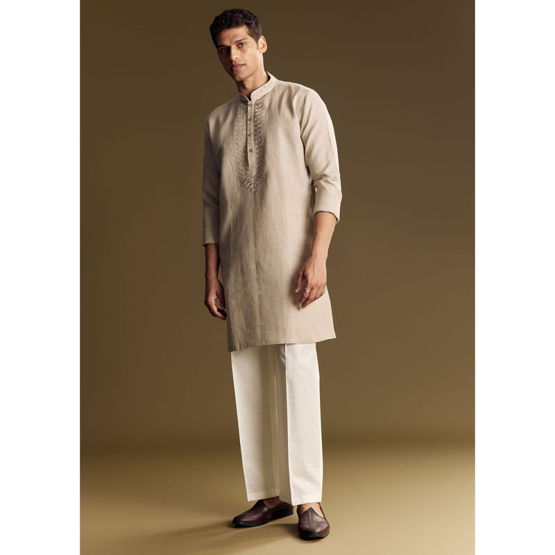 KALKI FASHION Beige Thread And Sequin Accents Linen Kurta with Pant (L)