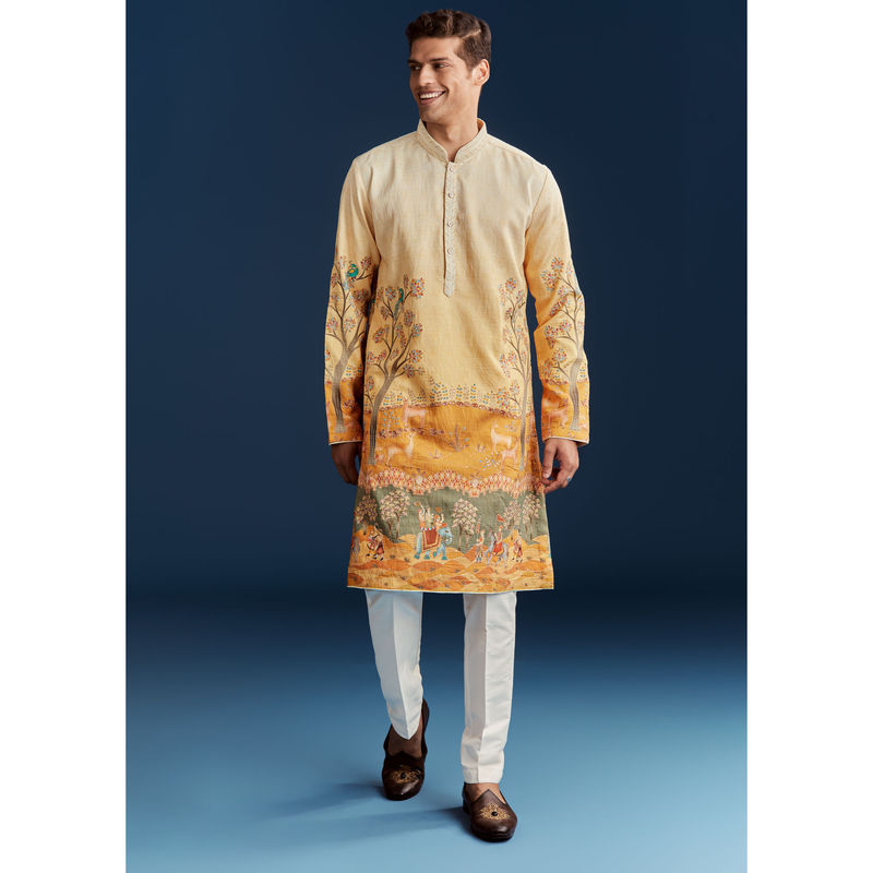 KALKI FASHION Yellow Animal Print Motifs Silk Kurta with Pant (XL)