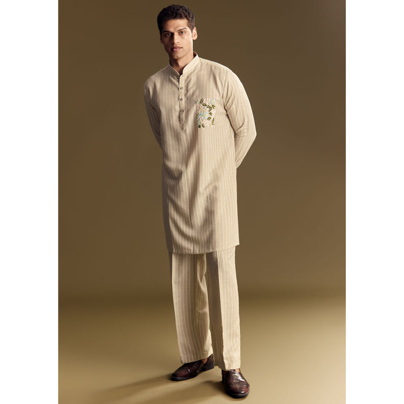 KALKI FASHION Beige Delicate Hand Embroidery Linen Kurta with Pant (XL)