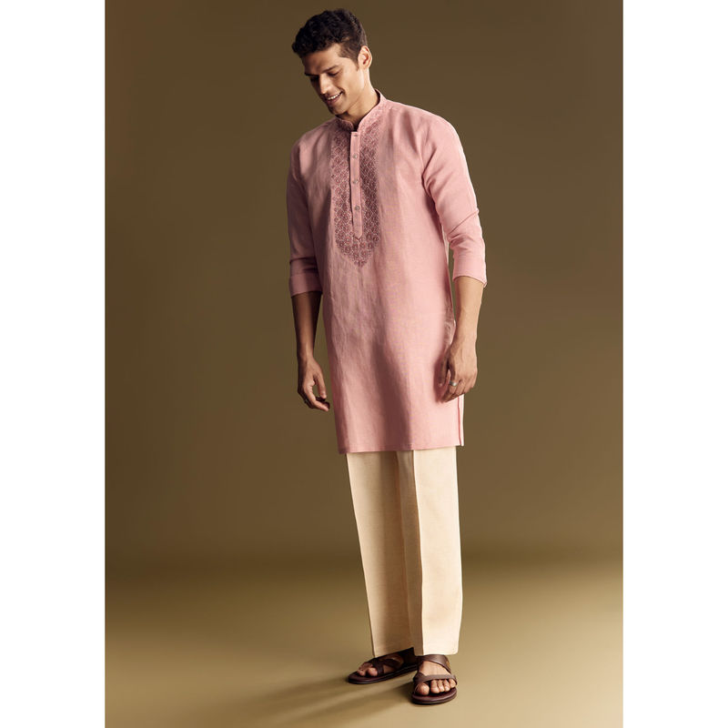 KALKI FASHION Pastel Pink Linen Kurta with Pant (2XL)