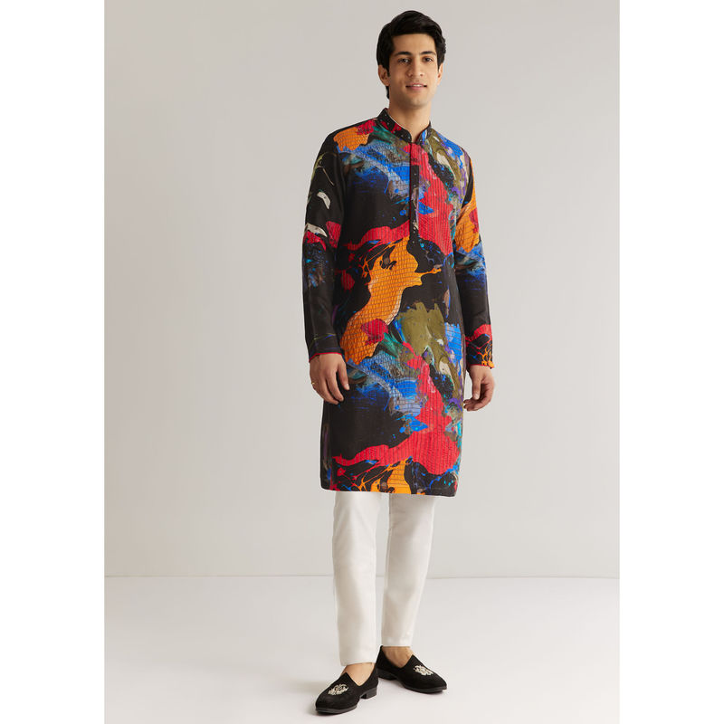KALKI FASHION Multi-Color Raw Silk Abstract Printed Kurta with Pant (2XL)